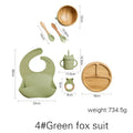 Baby Tableware Set Feeding Bowl Dinner Plate Cup Bibs Spoon Fork Bamboo Wooden Children's Feeding Dishes Sets BPA Free Non-Slip